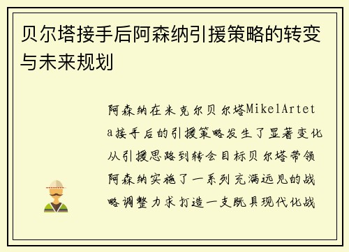 贝尔塔接手后阿森纳引援策略的转变与未来规划