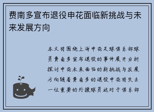 费南多宣布退役申花面临新挑战与未来发展方向