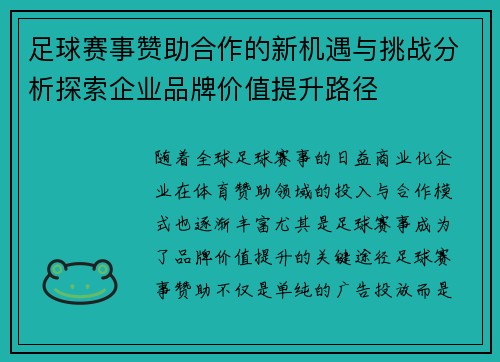 足球赛事赞助合作的新机遇与挑战分析探索企业品牌价值提升路径