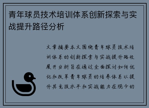 青年球员技术培训体系创新探索与实战提升路径分析