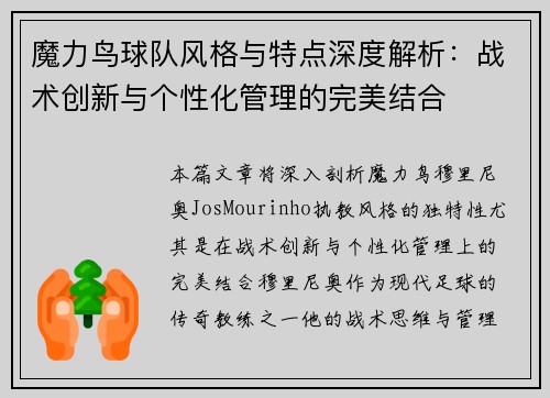 魔力鸟球队风格与特点深度解析：战术创新与个性化管理的完美结合